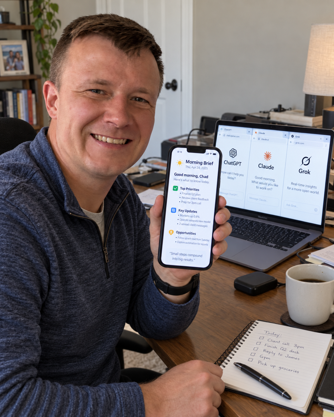 Chad at his desk, phone in hand showing a one-page morning brief. Laptop behind him with three AI tabs open: ChatGPT, Claude, and Grok.